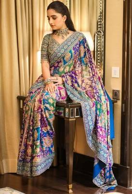 Premium blue chinon silk saree with real mirror work & prints 2