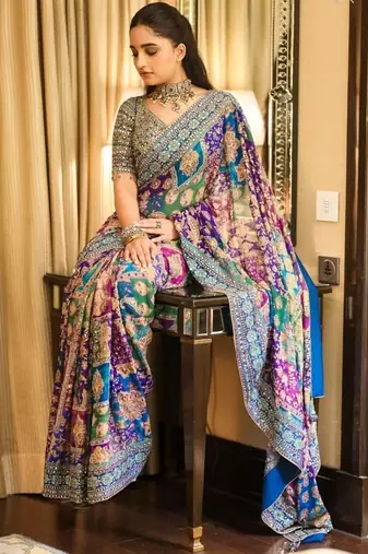 Premium blue chinon silk saree with real mirror work & prints