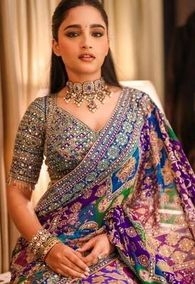 Premium blue chinon silk saree with real mirror work & prints 3
