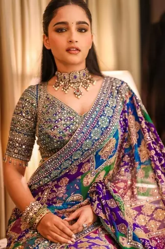 Premium blue chinon silk saree with real mirror work & prints