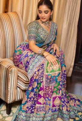 Premium blue chinon silk saree with real mirror work & prints 4