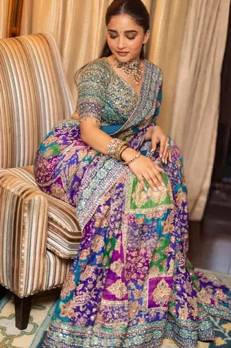 Premium blue chinon silk saree with real mirror work & prints