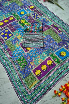 Premium blue chinon silk saree with real mirror work & prints 5