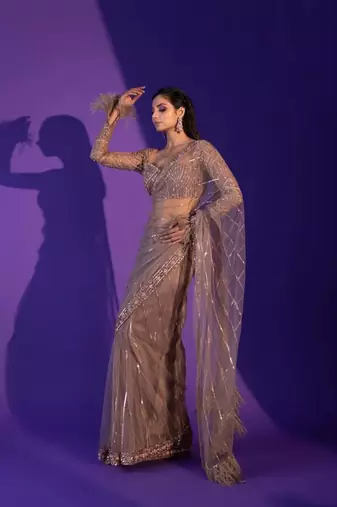 Net saree with sequence, dori & zari work plus jhalar border