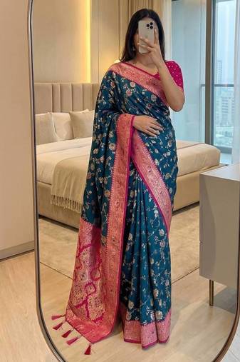 Peacock Blue Color zari weaving Work art silk saree