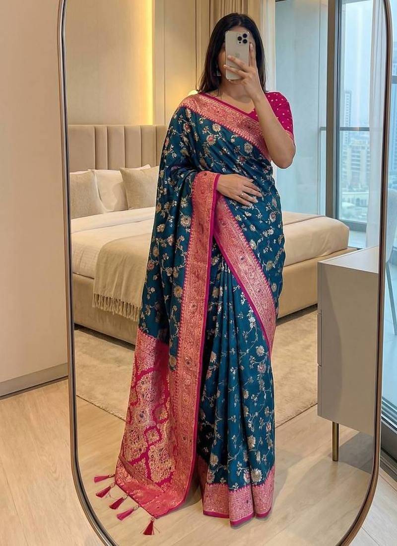Peacock Blue Color zari weaving Work silk saree