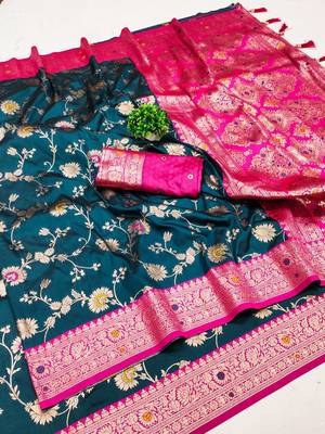 Peacock Blue Color zari weaving Work art silk saree 3