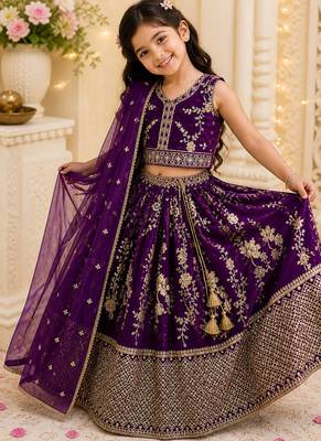 purple faux georgette kids lehenga set with sequin embroidery 1