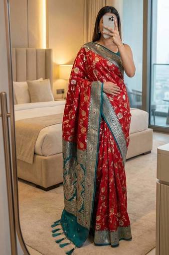 Red Color zari weaving Work silk saree