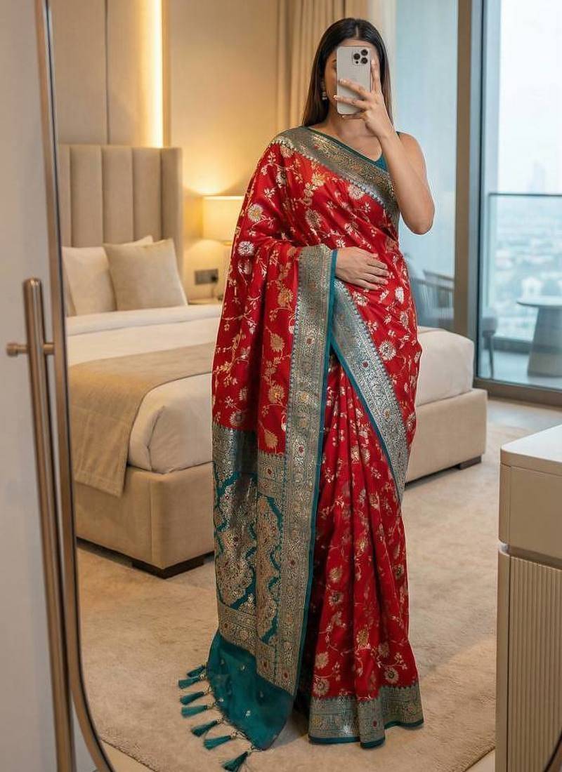 Red Color zari weaving Work silk saree