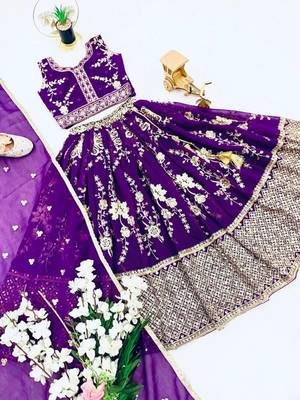 purple faux georgette kids lehenga set with sequin embroidery 2
