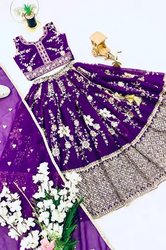 purple faux georgette kids lehenga set with sequin embroidery