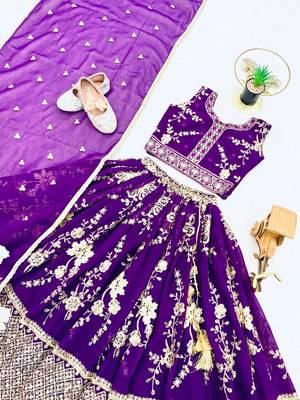 purple faux georgette kids lehenga set with sequin embroidery 3