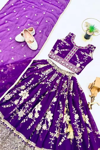purple faux georgette kids lehenga set with sequin embroidery