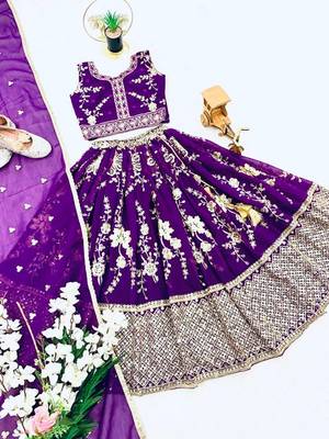 purple faux georgette kids lehenga set with sequin embroidery 4