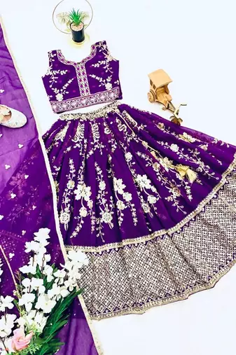 purple faux georgette kids lehenga set with sequin embroidery