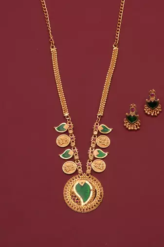 gold brass necklace set with coin stone design