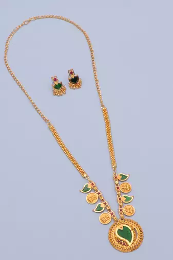 gold brass necklace set with coin stone design