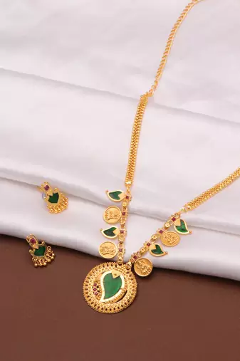 gold brass necklace set with coin stone design
