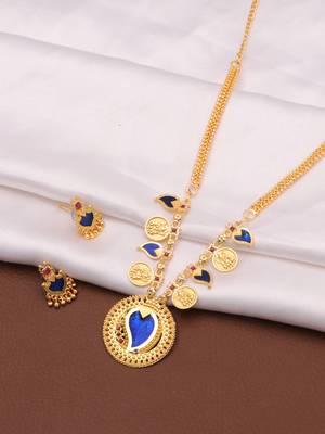 gold brass necklace set with blue stone coin work 2