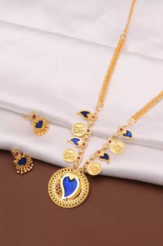 gold brass necklace set with blue stone coin work