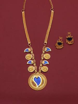 gold brass necklace set with blue stone coin work 3