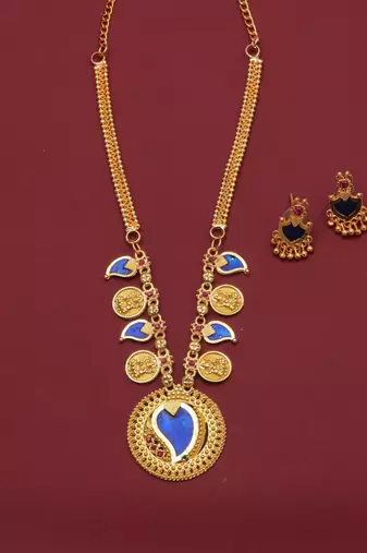 gold brass necklace set with blue stone coin work