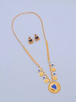 gold brass necklace set with blue stone coin work 4