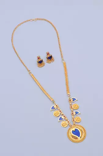 gold brass necklace set with blue stone coin work
