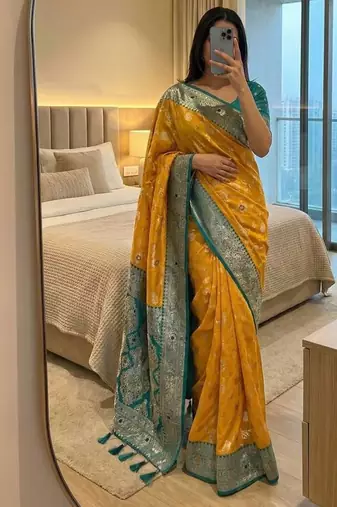 Yellow Color zari weaving Work silk saree