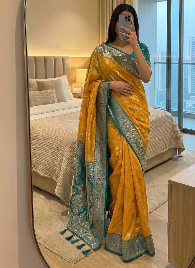 Yellow Color zari weaving Work silk saree