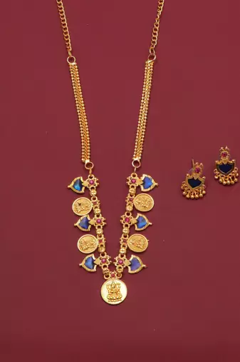 gold brass jewelry set with blue stone design