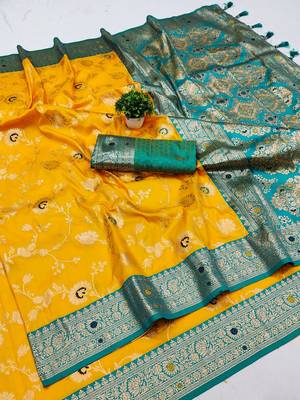Yellow Color zari weaving Work art silk saree 3