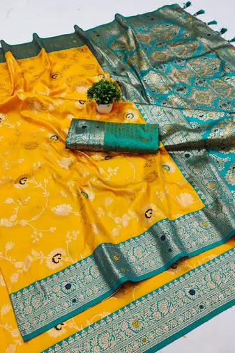 Yellow Color zari weaving Work art silk saree