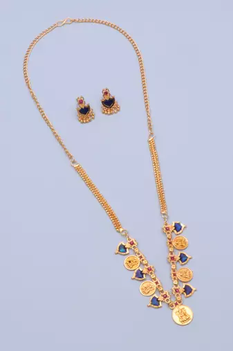gold brass jewelry set with blue stone design