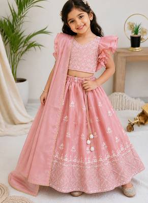 pink chinon silk frill kids lehenga set with embroidery 1