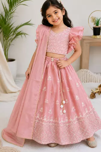 pink chinon silk frill sleeve design lehenga set