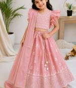 pink chinon silk frill sleeve design lehenga set