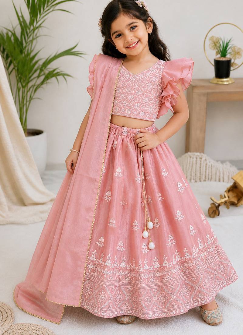 pink chinon silk frill sleeve design lehenga set
