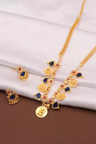 gold brass jewelry set with blue stone design