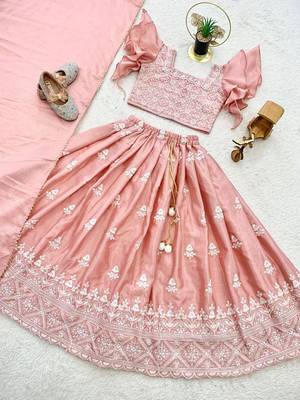 pink chinon silk frill kids lehenga set with embroidery 2