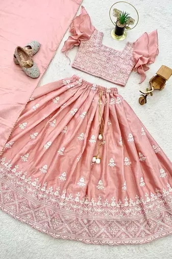 pink chinon silk frill kids lehenga set with embroidery