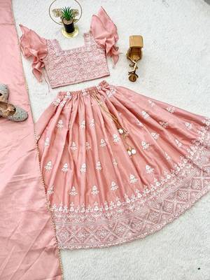 pink chinon silk frill kids lehenga set with embroidery 3