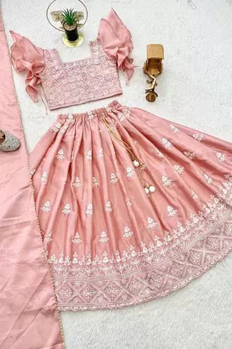 pink chinon silk frill kids lehenga set with embroidery