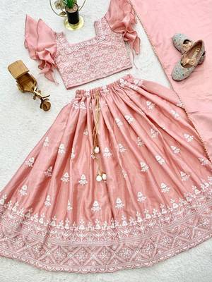 pink chinon silk frill kids lehenga set with embroidery 4