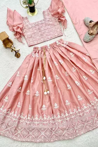 pink chinon silk frill kids lehenga set with embroidery