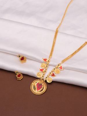 gold brass necklace set with red stone detailing 4