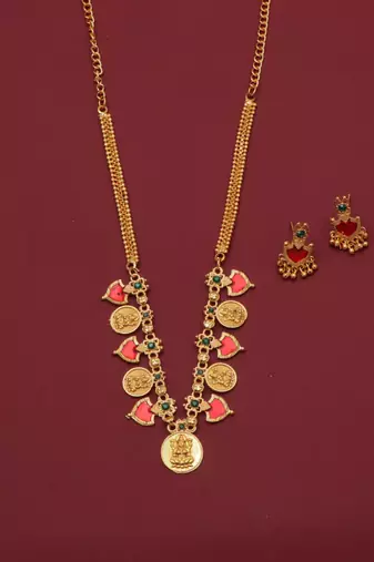 gold brass necklace set with coin stone work