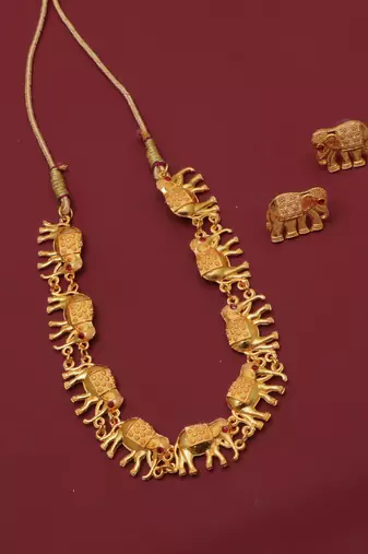 gold brass necklace set with elephant design