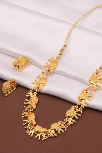 gold brass necklace set with elephant design